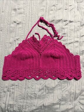 Crocheted Hot Pink Halter Swim Coverup Top